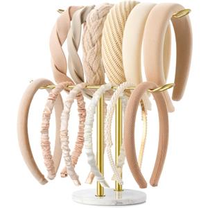 Headband Holder Organizer Two-Tier with Marble Base: Jewelry Display for Women, Hair Accessories Storage Stand Scrunchie Necklace rack for Girls, for Bathroom, Vanity, Dresser, Gold