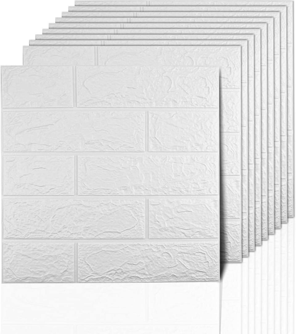 Sodeno 3D Wall Panels Peel and Stick, 14.5 Sq Ft Coverage,Printable Faux Brick Wallpaper Sticker with Self-Adhesive Waterproof Foam for Interior Wall Decor, Bathroom, Home Decoration (10 Pcs) (White)