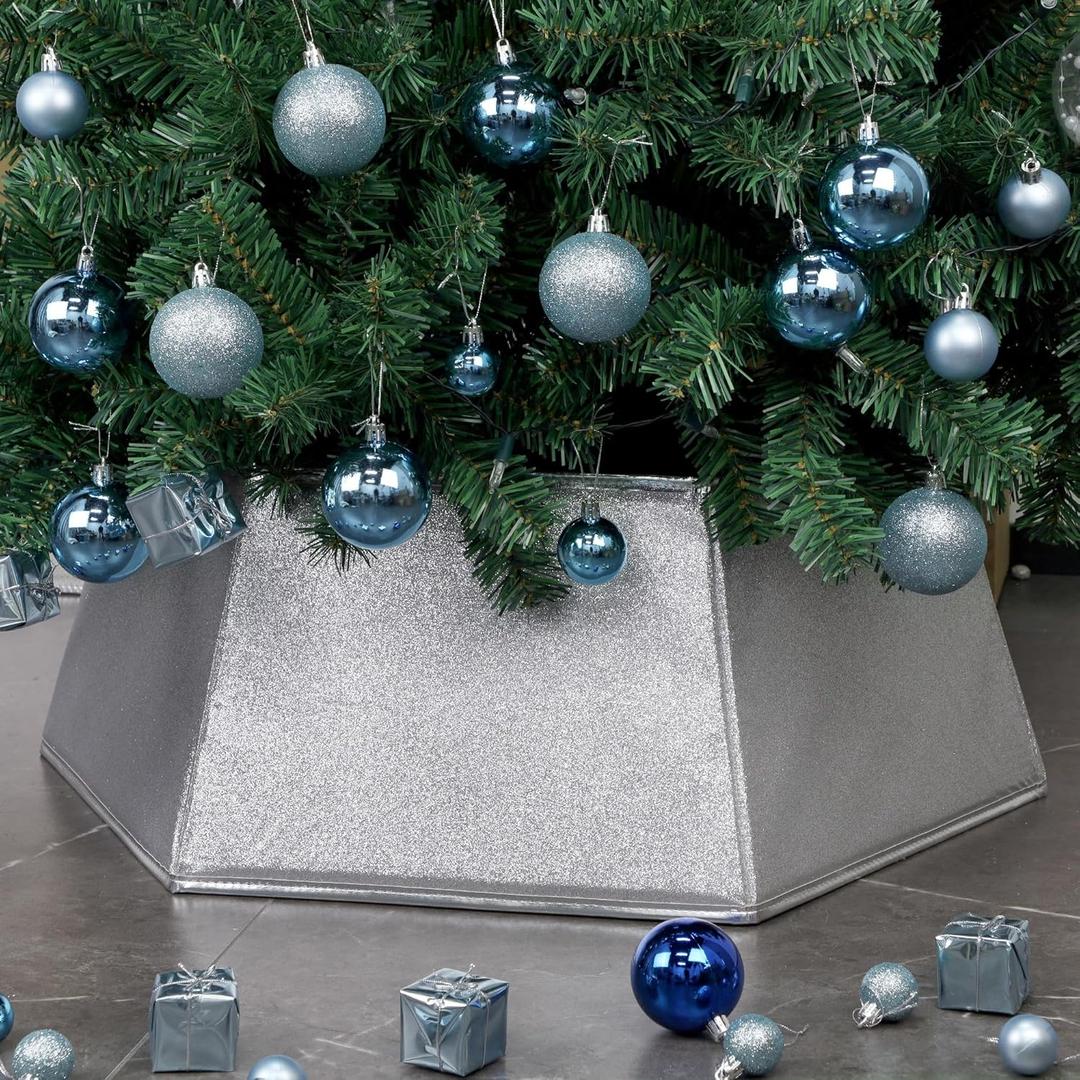 Blissun Fabric Christmas Tree Collar, Hexagonal Christmas Tree Ring, Glittering Willow Christmas Tree Skirt for Tree Decorations (Glitter Silver)