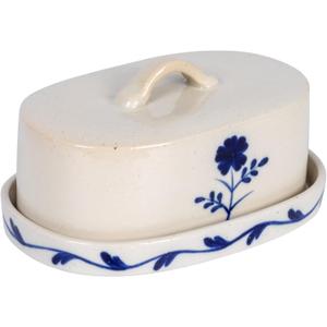 Creative Co-Op Hand-Painted Stoneware Butter Dish with Flower, Blue and White