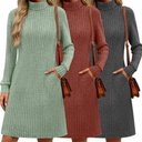 Velvelhall 3 Pack Women's Long Sleeve Sweater Dresses Ribbed Knit Lettuce Trim Mock Turtleneck Short Casual Slim Fit Dresses(Caramel, Green, Gray,Medium)