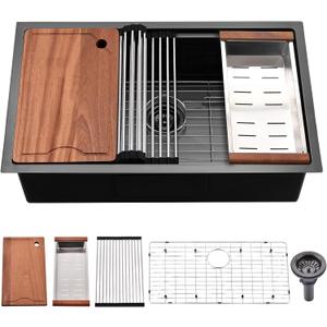 32 Inch Undermount Kitchen Sink Black - 16 Gauge Black Satainless Steel Kitchen Sink Undermount 32x19,10 Inch Deep Single Bowl Workstation Sinks with Accessories