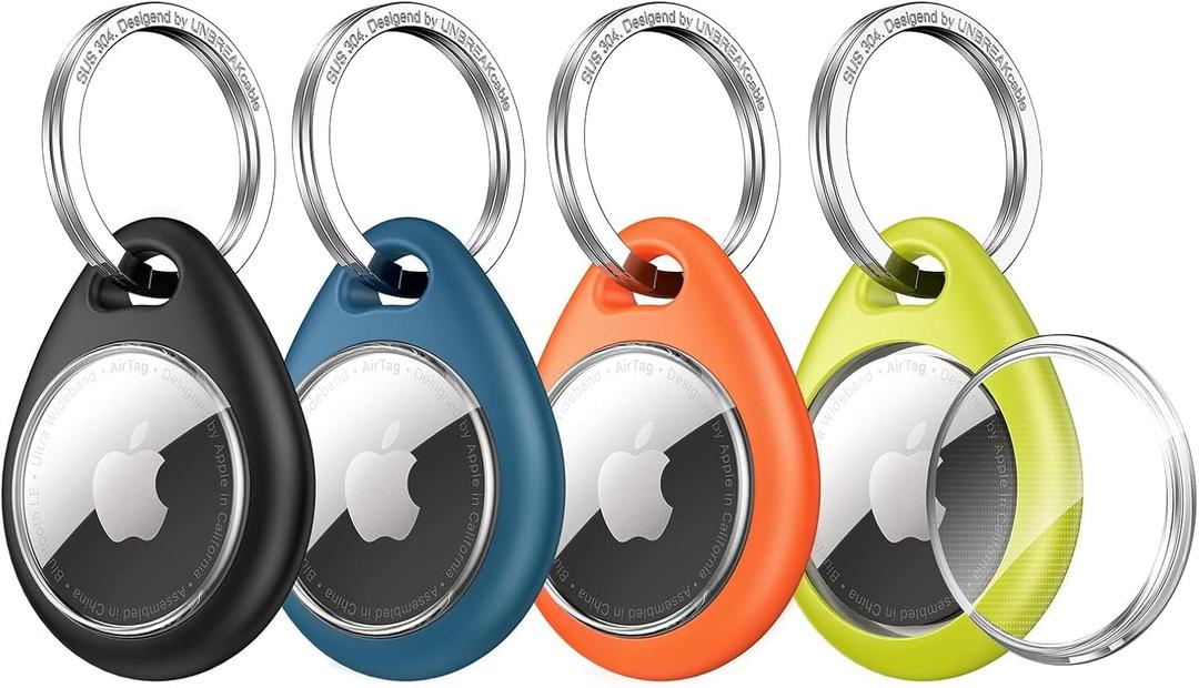 UNBREAKcable for Apple AirTag Holder - 4 Pack [Fit Tightly Design] [Easy to Install] [Hold Air Tag Securely] Waterproof TPU Shell Protective Case with 304 Stainless Steel Keychain Key Ring (Black&Blue&Orange&Green)