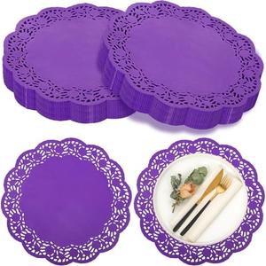 Yexiya 200 Pcs Doilies Lace Paper Doilies 14 Inches Disposable Foil Lace Placemats Large Round Paper Pad Placemats for Cakes Crafts Wedding Birthday Party Decoration(Purple)