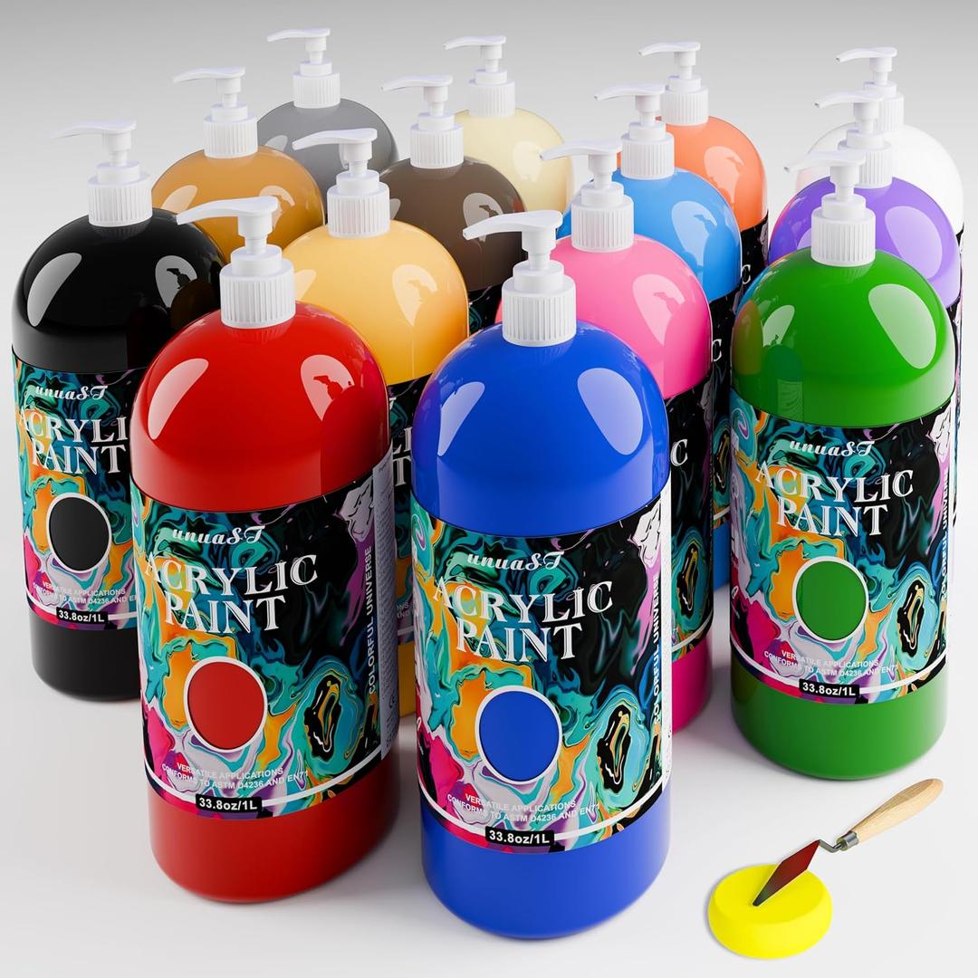 Acrylic Paint Sets for Adults 33.8oz/1000ml, 14 Color Large Bulk Paints kits, 1/4 Gallon Rich Pigment Art Painting Supplies for Artists/Beginners, Acrylic Paint Sets for Canvas with Pump, Color Wheel, 33.8 Fl Oz