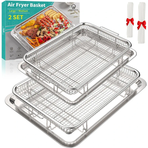 Air Fryer Basket, OPENICE 2 Set Air Fryer Pan and Crisper Tray for Oven, Non-stick Oven Air Fryer Basket for Baking and Crispy Foods - Large & Medium