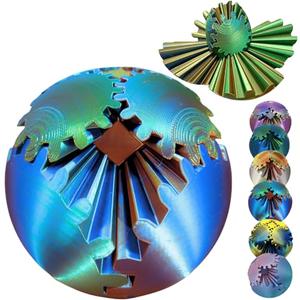 Gear Ball 3D Printed Spin Ball Cube Fidget Toys, Gear Sphere Fidget Toy, GearSphere Desk Toy Stress Fidget Balls, Fidgets Spinners for Adults & Kids Anxiety Relaxing (Laser Blue Gold, 3.1 Inch)