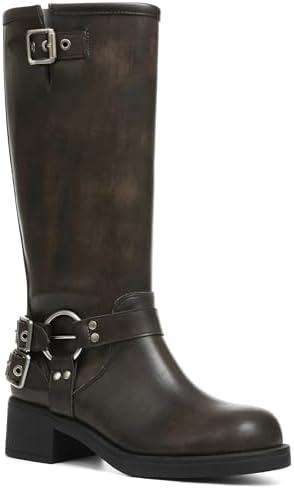 AMINUGAL Knee High Boots Women Square Toe Pull On Wide Calf Riding Fashion Buckles Chunky Metallic Casual Vintage Buckle Rivet 7