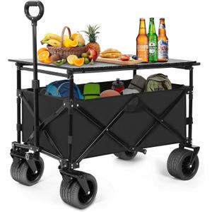 Collapsible Wagon with Table, Large Capacity Foldable Wagons Carts, Beach Wagon with Big Wheels, Heavy Duty Beach Car Utility Wagon for Outdoor Park, Shopping, Sports, Camping, Garden