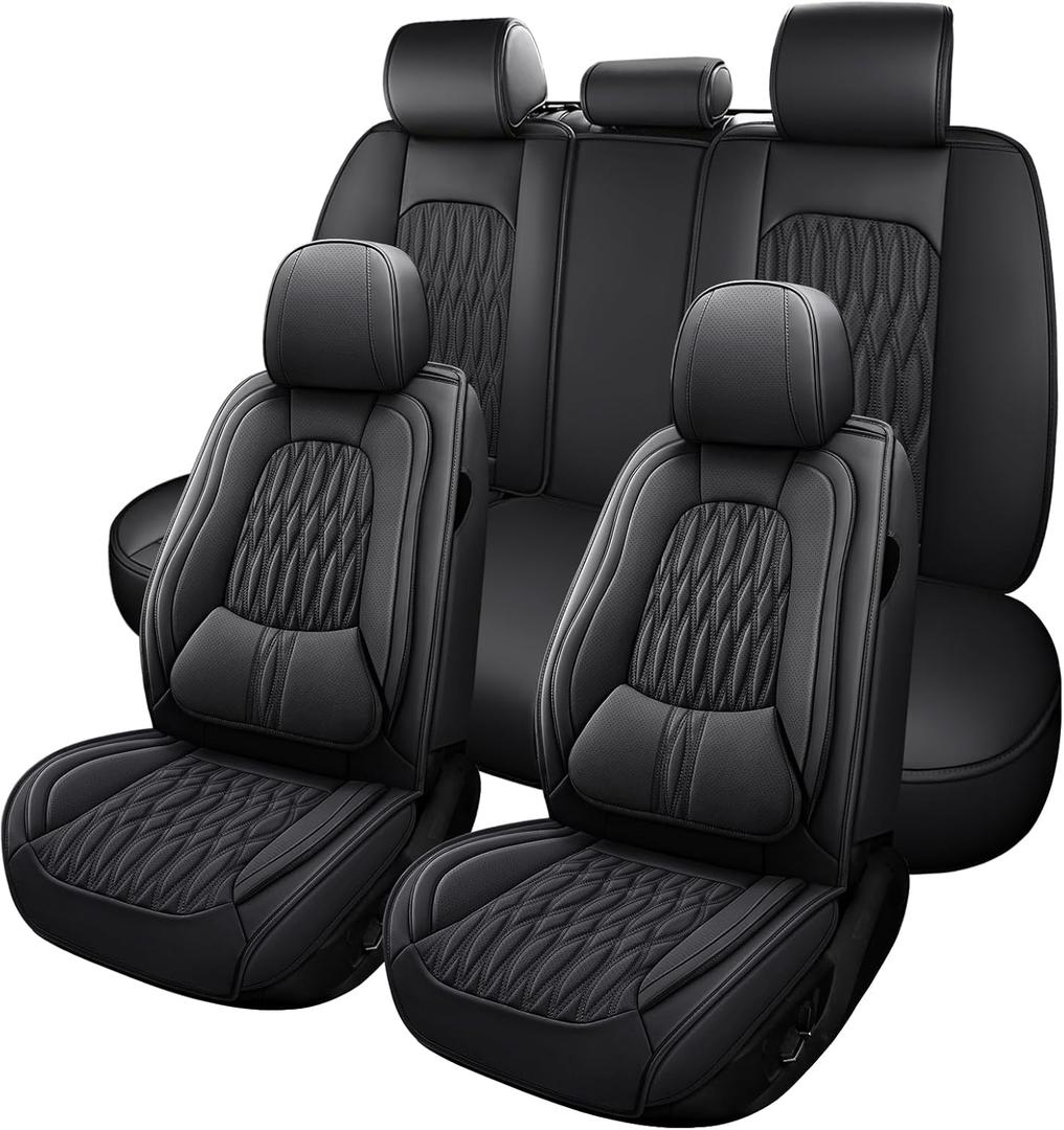 WELLDO Car Seat Covers Full Set, Faux Leather Car Seat Protector Waterproof, Non-Slip Automotive Interior Covers Full Set Universal Fit for Most Cars SUV, Black