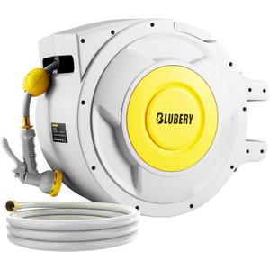 BLUBERY 130+6.7ft x 1/2" Retractable Garden Hose Reel, 40.8LB Super Heavy Duty, Any Length Lock, Slow Return System, Wide Handle, Wall Mounted and 180 Swivel Bracket, GHR02A