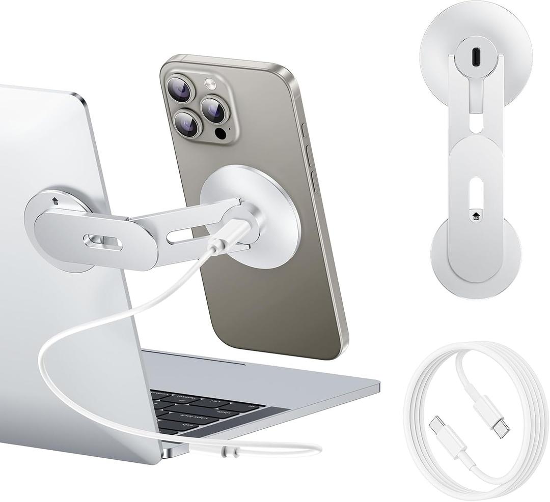 Laptop Phone Holder, Magnetic Phone Stand 15W Fast Wireless Charger for MagSafe for iPhone 17/16/15/14/13/12 & All Phones for Tesla (Silver)