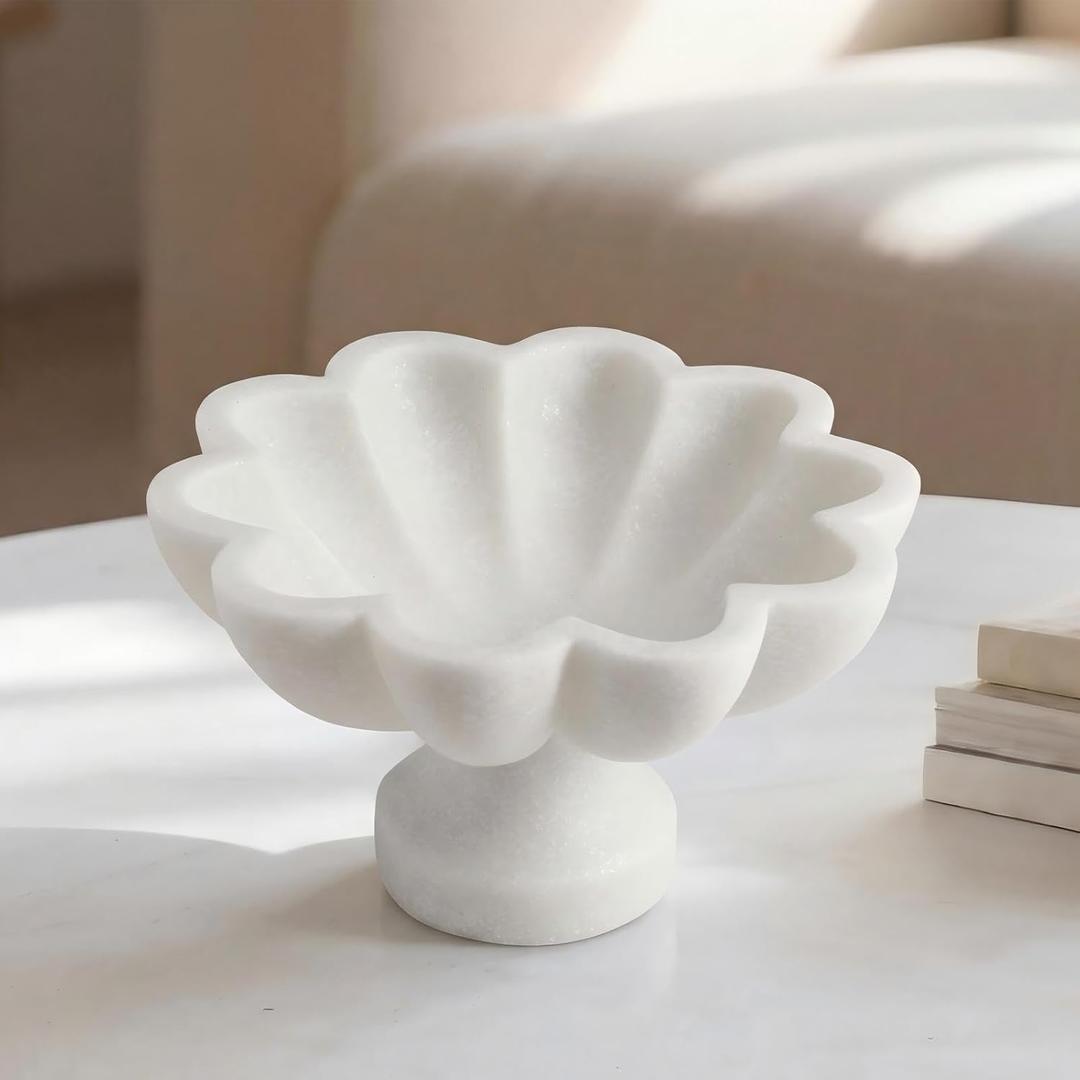 Potchen 1 Pcs White Ruffle Marble Bowl, 8 Inch Decorative Scalloped Fluted Bowl for Kitchen Counter Entryway & Home Table Centerpiece Decorations, Trinket Dish for Keys, Jewelry, Fruit & Snacks