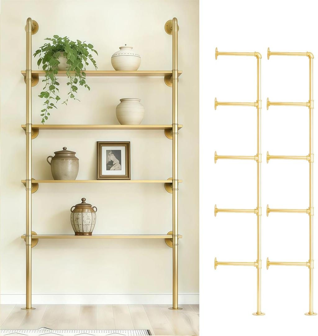Gold Industrial Wall Mount Iron Pipe Shelf Bracket,Retro DIY Open Bookshelf,Storage Shelves, Ceiling hung Shelves for Home Kitchen Bathroom Living Room Office(2PcsX5Tier,68"Tall,10"deep,Hardware Only)