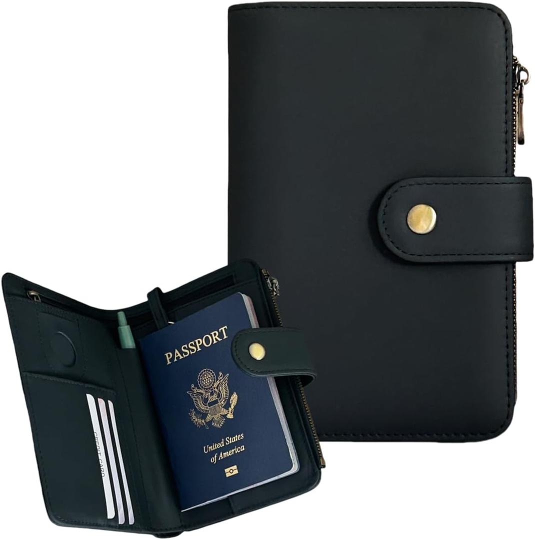 Genuine Leather Passport Wallet, RFID Blocking Passport Holder with Tracker Slot, All in One Travel Wallet for Women/Men, Secure Passport Cover Case for Airport Essentials (Black)