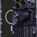 Case Compatible with iPhone 16 Pro Max,Compatible with MagSafe,Glossy Fall Prevention Hybrid 2-Layer Hard Shell Cases for Girls Boys,Purple Floral Crow Bookshelf