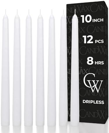 CANDWAX 10 inch White Taper Candles - Set of 12 White Candle Sticks Ideal for Christmas Decorations - Unscented Dripless Smokeless Long Burning Candlesticks - Christmas Candlesticks