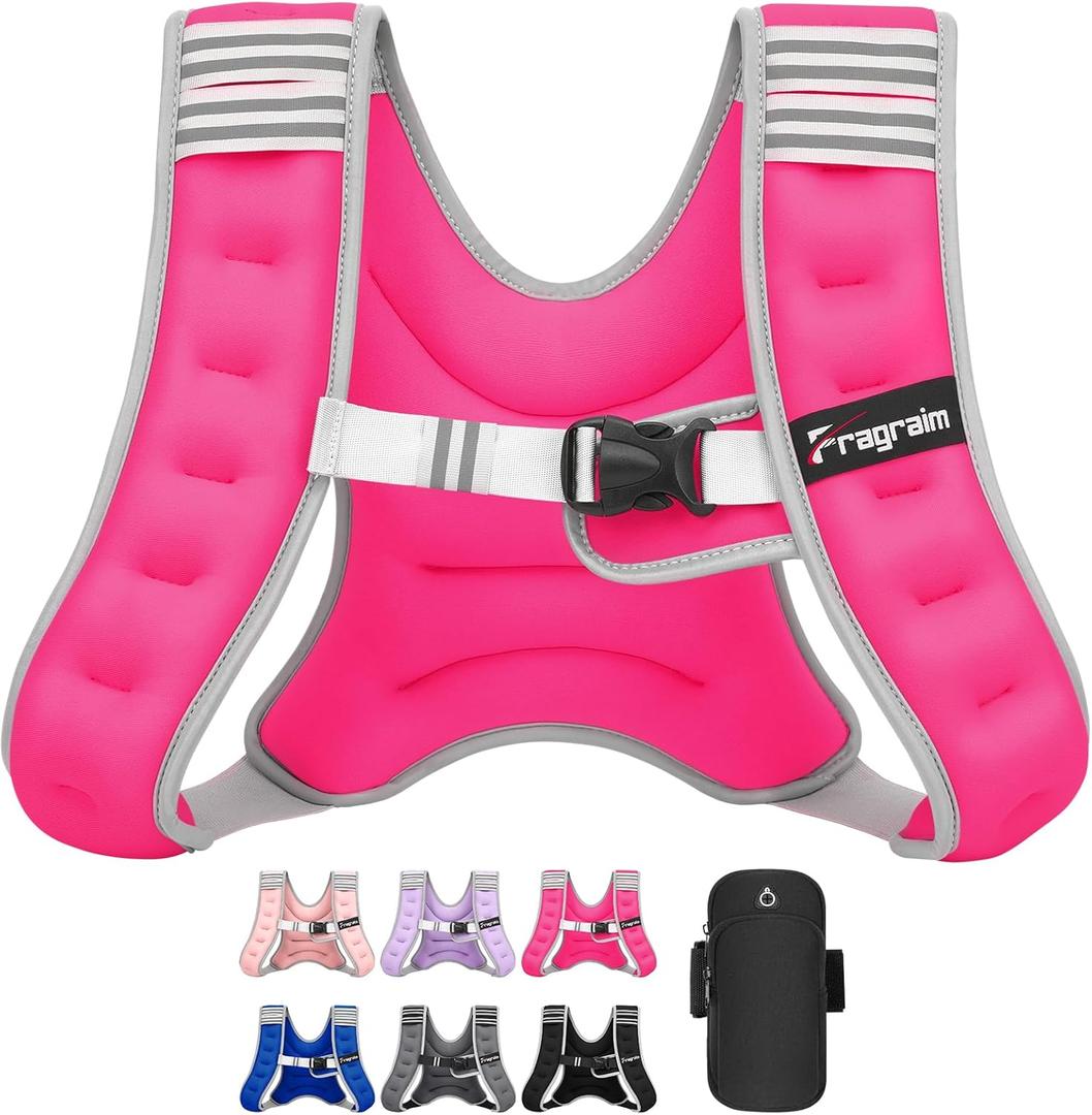 Fragraim Weighted Vest for Women Men - 8lb/10lb/12lb/16lb/22lb/25lb/30lb Weight Vest with Reflective Stripe, Detachable Phone Pouch, Ideal for Walking, Strength Training, Running, Workout, Cardio (Rose)