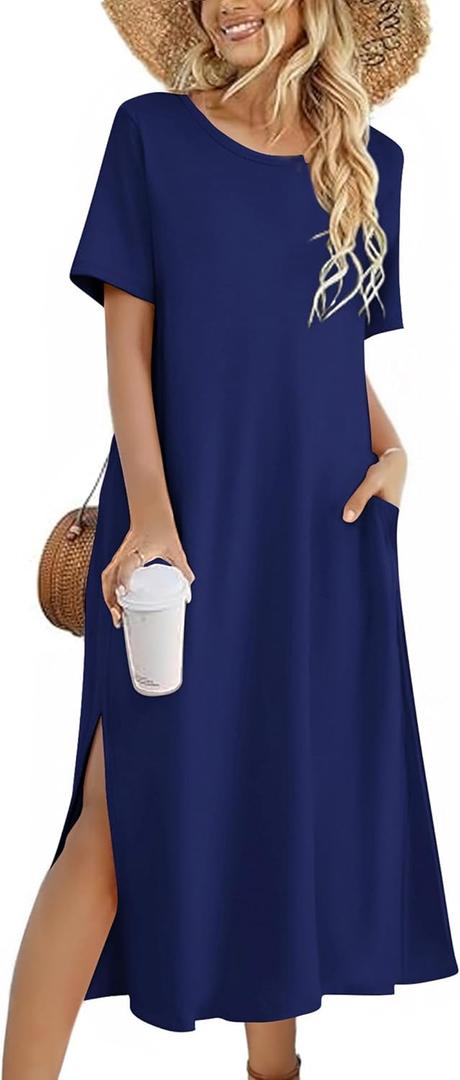 Zeagoo Women Floral Summer Dress Casual Beach Dress Printed T Shirt Dress Split Long Dress Travel 2025 Vacation Dress (X-Large, 01 Navy)