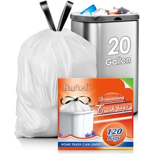 20 Gallon Large Drawstring Trash Bags Fit 20-21 Gal, 120 Counts Heavy Duty Tall Kitchen Garbage Liners, Large Trash Bags Size Chart for Home, Office, Outdoor Lawn and Leaf Bags, White