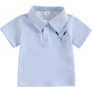 Toddler Baby Boy Shirt Golf Stripes Short Sleeve Button Down T-Shirt Tops Cute Infant Casual Tee Summer Clothes (Blue)