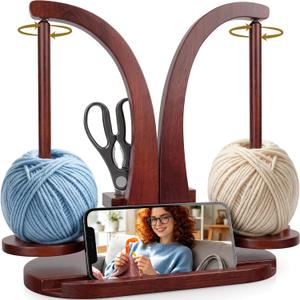 Wooden Yarn Holder for Crocheting and Knitting, Yarn Spinner with Double Magnetic Spindle and Phone Stand, Perfect for Crocheting and Knitting Lovers
