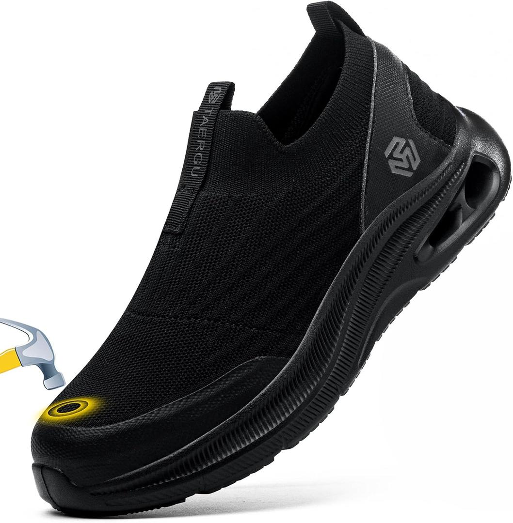 Steel Toe Shoes Men Lightweight Comfortable Work Shoes Slip On Safety Shoe Walking Sneakers Puncture Proof Loafers (11, 938-black)
