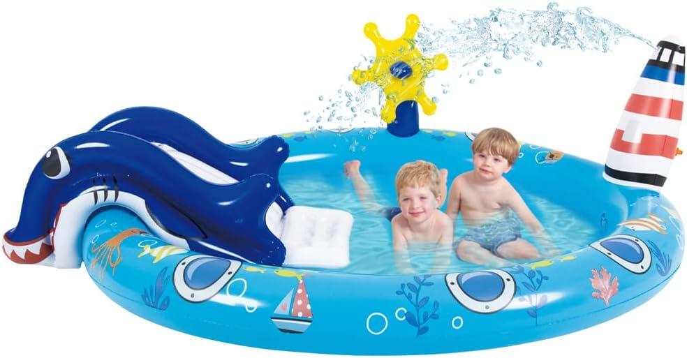 Kiddie Pool with Slide Inflatable Play Center Wading Lounge Kids Pool, Marine Life Sprinkler, Water Game Play Center for Kids 80" x 60" x 25"