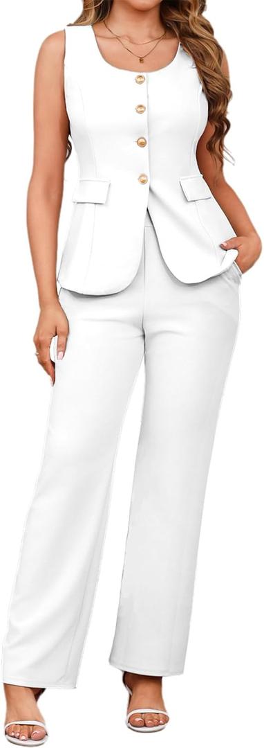 Womens Vest Sets 2 Piece Outfits Pant Suits for Women Dressy Sleeveless Blazer and Wide Leg Pants Set Business Casual