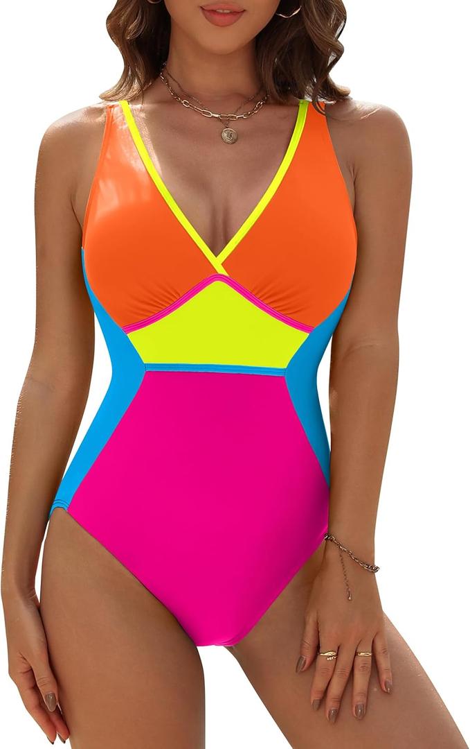 Blooming Jelly Women Tummy Control Swimsuits One Piece Modest Bathing Suit Lace Up Slimming Swim Suits 2025 (Large, Orange Pink)