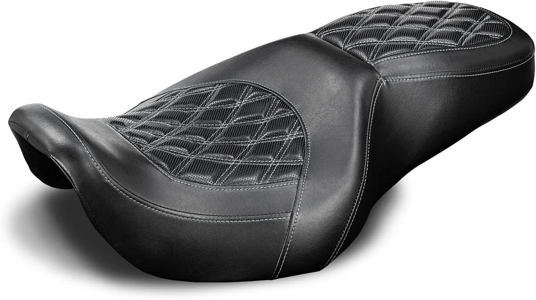 Two-UP Motorcycle Rider Passenger Seat Fit for Harley Touring Road King 1997-2007 Street Glide 2006-2007 (White Stitching)