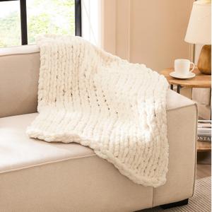 L'AGRATY Chunky Knit Blanket Throw: 30''x40'' Chenille Chunky Knitted Throw Blankets for Bed Couch  Handmade Thick Big Cable Knit Blankets  Large Crochet Rope Blanket for Home Decor(Ivory)