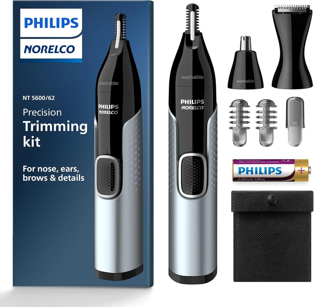 Norelco Philips Nose Trimmer 5000 for Nose, Ears, Eyebrows Trimming Kit, NT5600/62, 7.9 Inch (Pack of 1), Black, Silver