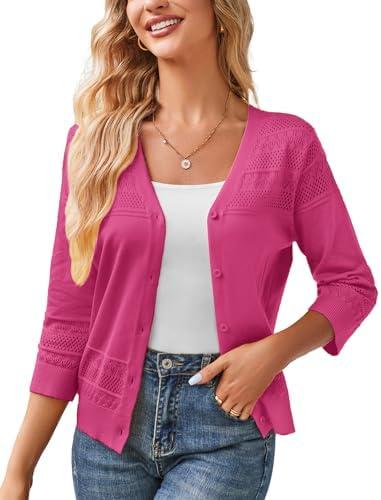 GRACE KARIN Women's 2025 Cropped Cardigan 3/4 Sleeve Lightweight Crochet Shrug Hollowed-Out Knit Sweater Tops Large