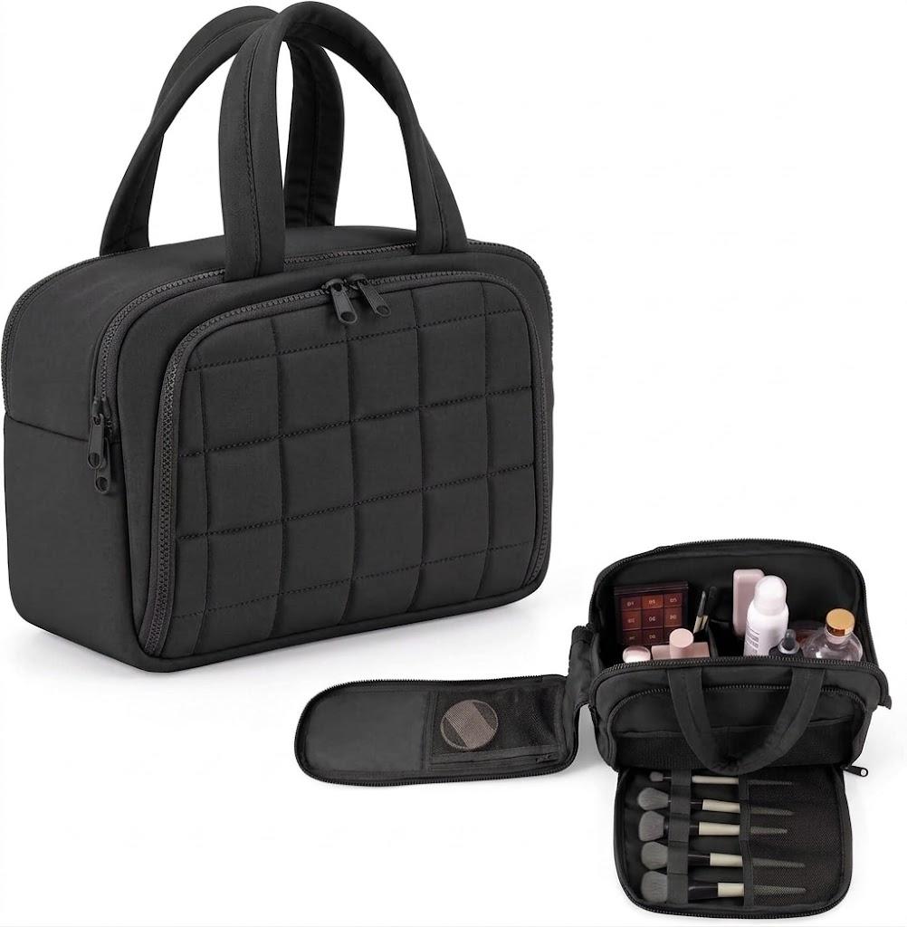 Huhumy Travel Toiletry Bag, Puffy Checkered Makeup Bag for Women, Large Quilted Wide-open Lightweight Cosmetic Organizer with Handle for Accessories, Essentials, Toiletries (Black)