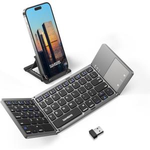Samsers Foldable Bluetooth Keyboard with Touchpad, Ultra Slim Compact -Grey | Multi-touch Trackpad, Full Size, Phone Holder, USB-C Charging, 3 Device, for Android Windows iOS Mac OS, Mobile Productivity