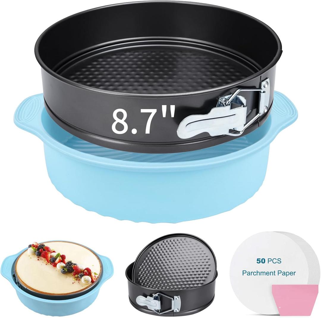 8.7 In Springform Pan, Round Leakproof Nonstick Removable Bottom Cheesecake Pan, Baking Silicone cake pans Protector with 50PCS Parchment Paper