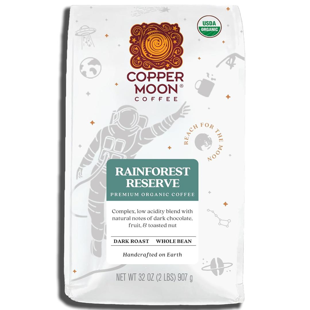 Copper Moon Dark Roast Whole Bean Coffee, Rainforest Reserve Organic Blend, 2 Lb (EXP 03/12/26)