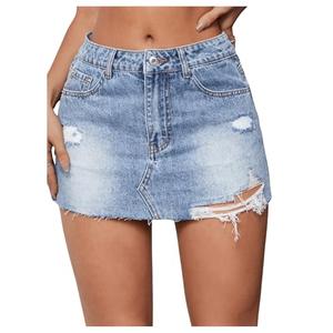 MakeMeChic Women's Ripped Distressed Trim Drop Waist Straight Hem Denim Mini Skirt Blue X-Small