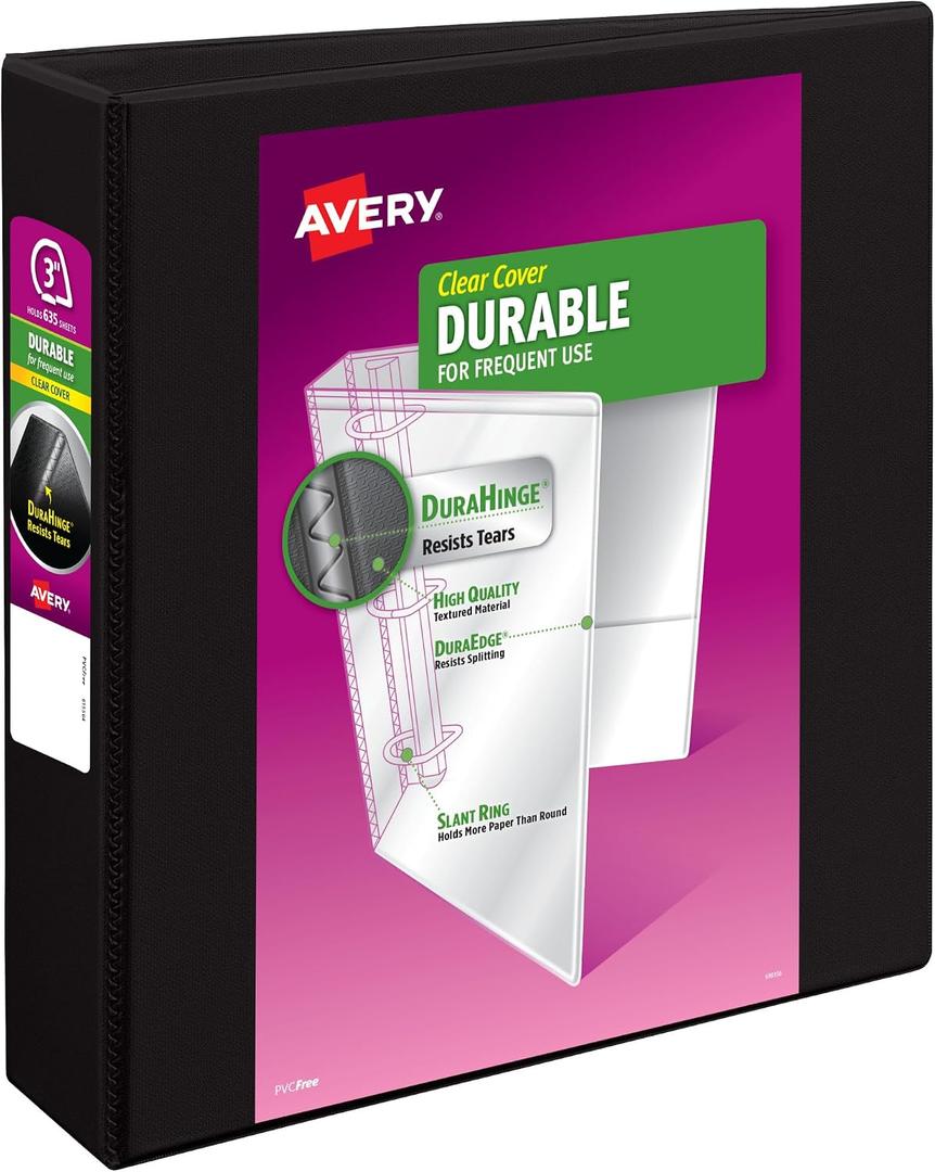 Avery Durable View 3 Ring Binder, 3 Inch Slant Rings, 635 Sheet Capacity, Black, Holds 8.5 x 11 Paper, 3.5" Wide Spine, DuraHinge for Organizing Reports & Projects (17041)