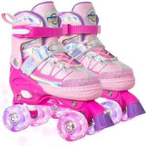 Nattork Roller Skates for Kids Boys Girls, 4 Size Adjustable Rollerskates with Light Up Wheels for Children Beginners for Outdoor Indoor Rosy (Large (3-6))