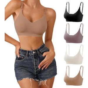DEANGELMON V Neck Bra Padded Seamless Adjustable Straps Bralettes Everyday Basic Sleeping Bras Multiple Pack (Medium, Black,apricot,purple,nude)