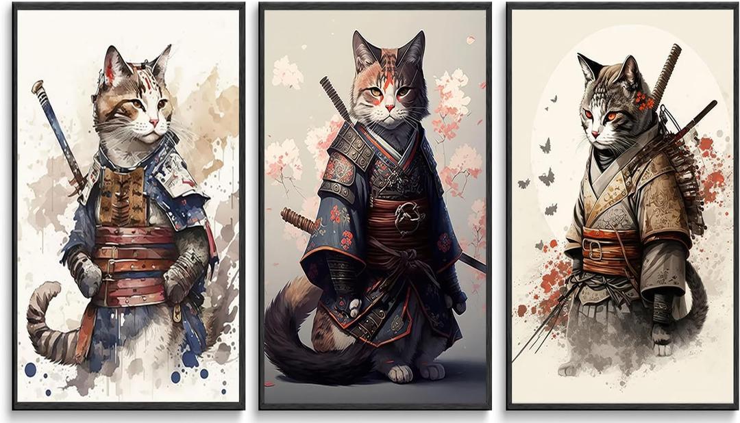 3Pcs Japanese Samurai Cat Wall Art Vintage Cool Cat Posters Prints Funny Animal Cat Pictures Paintings for Living Room Wall Decor Print Bedroom Home Artwork Unframed