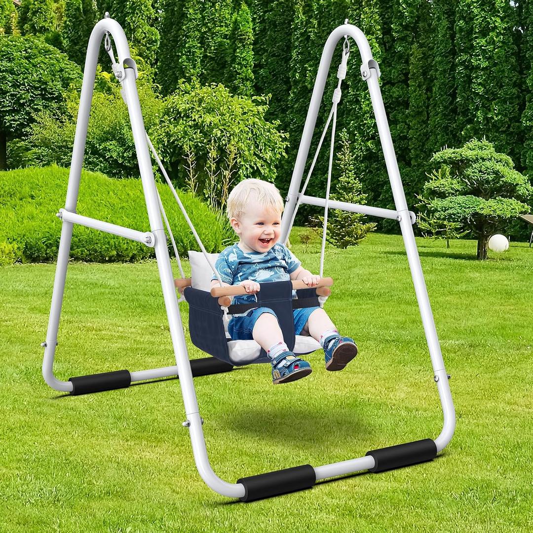Hapfan Toddler Swing with Stand, Heavy Duty Baby Indoor Outdoor Swing Set with Safety Harness, Foldable Metal Frame, 55lbs Capacity