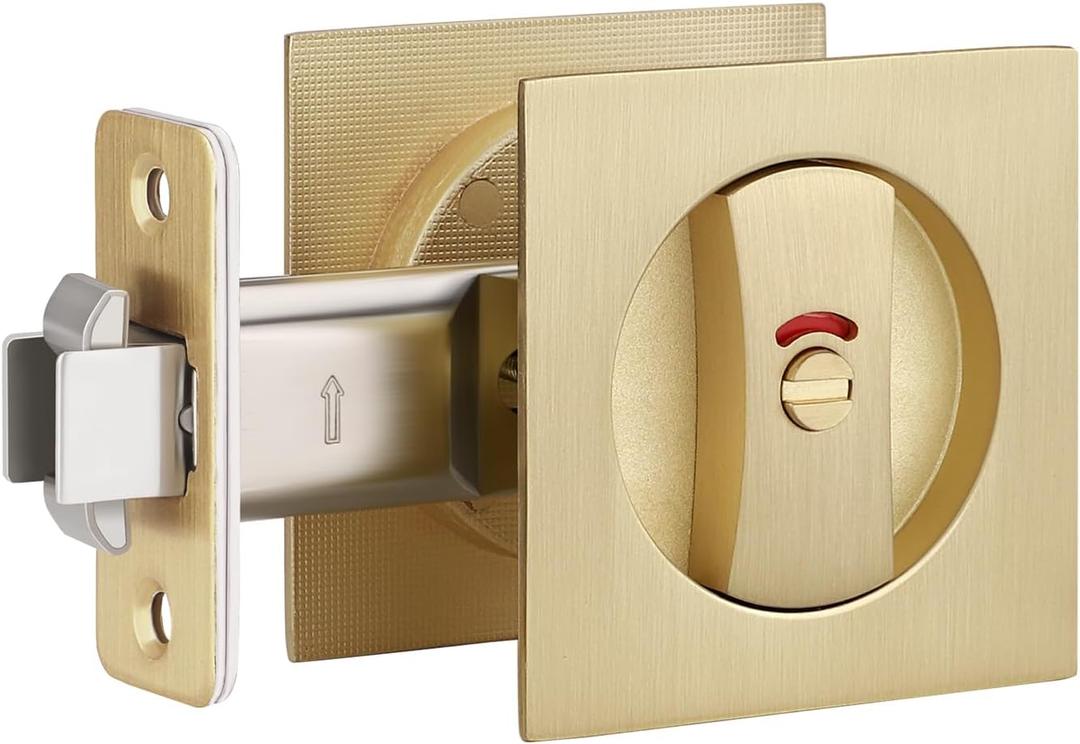 1 Pack Gold Pocket Door Lock, Pocket Door Hardware with Red-Green Indicator, Privacy Pocket Door Handles for Sliding Door/Bifold Door, Keyless Flat Door Knob, Heavy Duty Square Door Lock (Satin Brass)