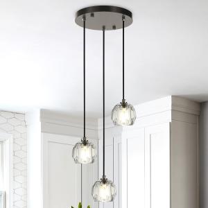 3 Lights Pendant Lighting, Brushed Black Cluster Pendant Light Kitchen Island, Cut Crystal Pendant Light Fixture Hanging Lights for Dining Room Foyer Bathroom