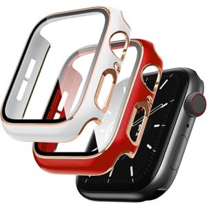 LovRug 2 Pack Cases Compatible with Apple Watch Case 38mm Series 3/2/1 Built in Tempered Glass Screen Protector Ultra-Thin Bumper Full Coverage iWatch Protective Cover for Women Men (White/Red)