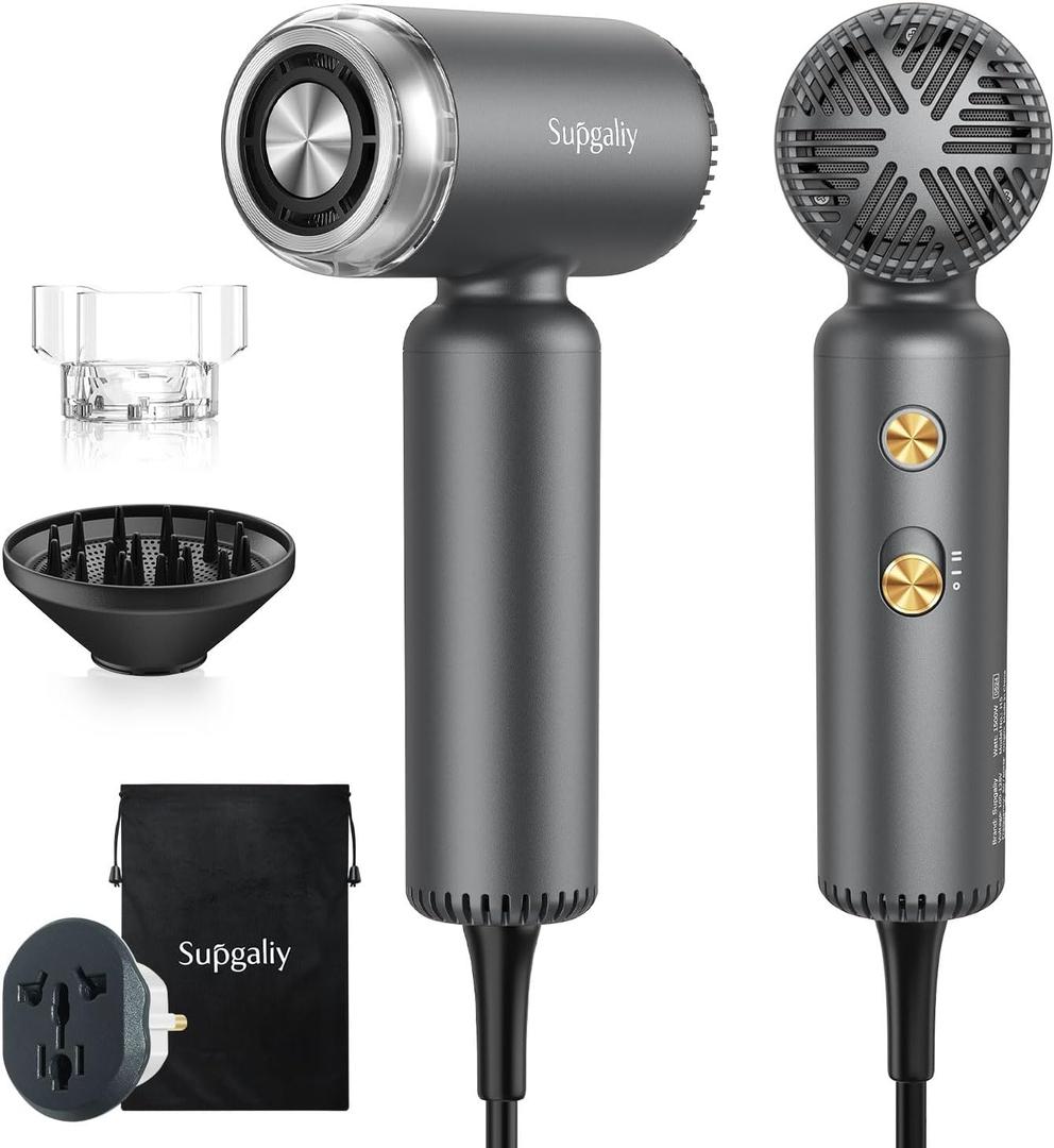 Dual Voltage Hair Dryer, High-Speed Ionic Blow Dryer for Fast Drying, Travel Compact Hair Blow Dryer with Magnetic Curly Diffuser for Home, Portable Hairdryer International 100-240V (Grey)