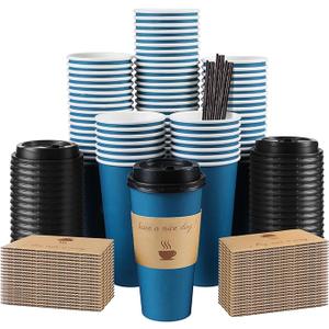 Clawsoff 50 Pack 20 oz Coffee Cups with Lids, Disposable To Go Paper Coffee Cups with Sleeves and Stirring Sticks for Hot/Cold Drinks Office Home Shop Event (Navy)