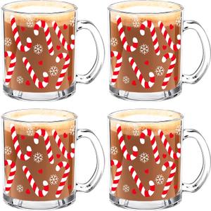 Whaline 4Pcs Christmas Glass Coffee Mugs with Handle Red White Xmas Candy Cane Coffee Cups Beverage Mugs for Hot Cold Drinks Home Winter Holiday Party